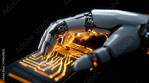 Futuristic robot hand interacts with an illuminated circuit board, showcasing innovation. photo