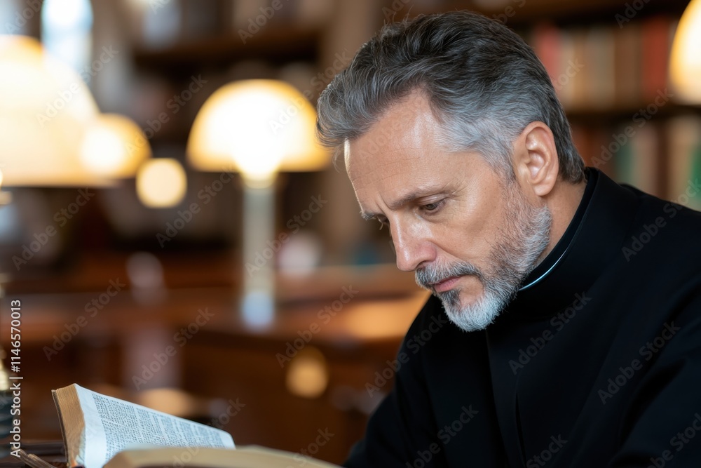 A contemplative man in a black clerical outfit studies an open book in a library, surrounded by shelves filled with books, conveying a sense of wisdom and reflection. A contemplative man in a black clerical outfit studies an open book in a library, surrounded by shelves filled with books, conveying a sense of wisdom and reflection.