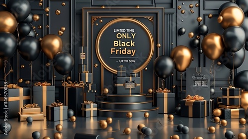 Black Friday Promotional Setup Black and Gold Design with Savings and Retail Features, Generative Ai. photo