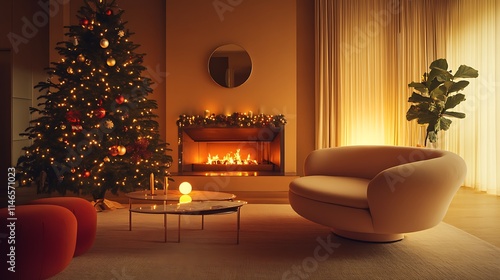 Christmas themed living room with decorated tree and glowing fireplace minimal background