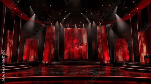 Luxury stage setup in deep red and black tones, with a sophisticated design ideal for premium occasions and performances.