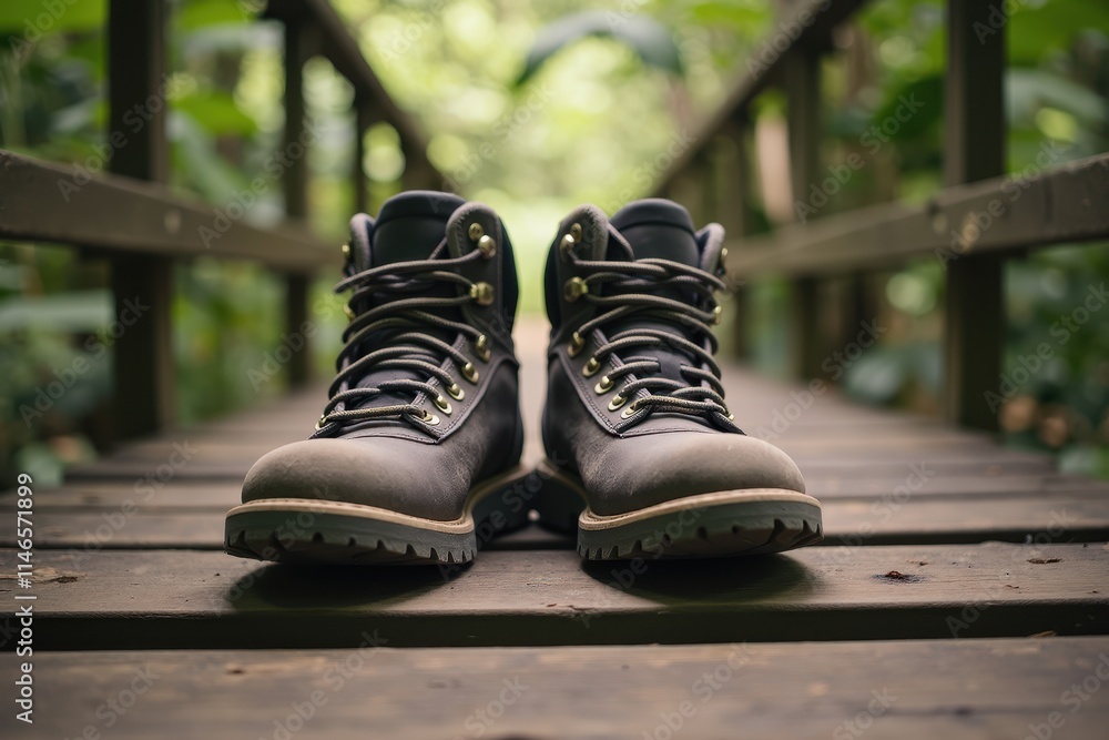 Stylish Hiking Boots Resting on a Rustic Wooden Bridge Surrounded by Lush Greenery, Perfect for Outdoor Adventure and Nature Photography