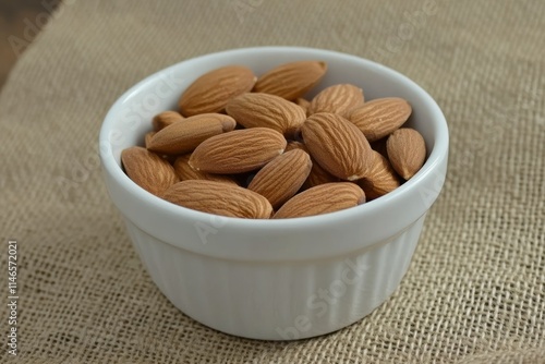 Fresh Raw Almonds in a White Bowl on Natural Textured Background, Perfect for Recipes, Health Food Promotions, and Nutrition Content photo