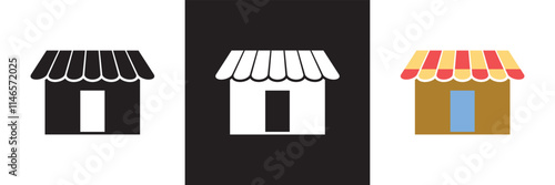 Market shop icon.  Street food concept label. Contour logo commercial market place. Vector illustration. isolated on white and black background. EPS 10