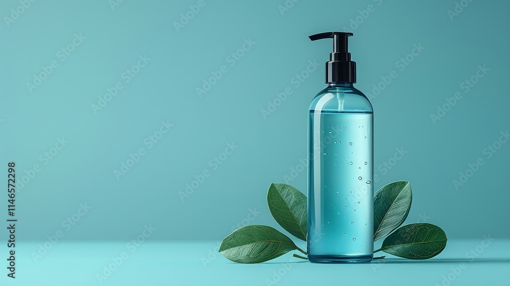 bottle of facial cleanser, light teal backdrop, and copy space, Generative Ai. bottle of facial cleanser, light teal backdrop, and copy space, Generative Ai.