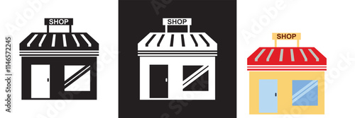 Market shop icon.  Street food concept label. Contour logo commercial market place. Vector illustration. isolated on white and black background. EPS 10