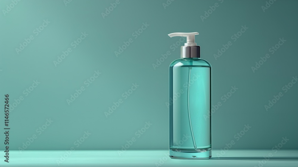 bottle of facial cleanser, light teal backdrop, and copy space, Generative Ai. bottle of facial cleanser, light teal backdrop, and copy space, Generative Ai.