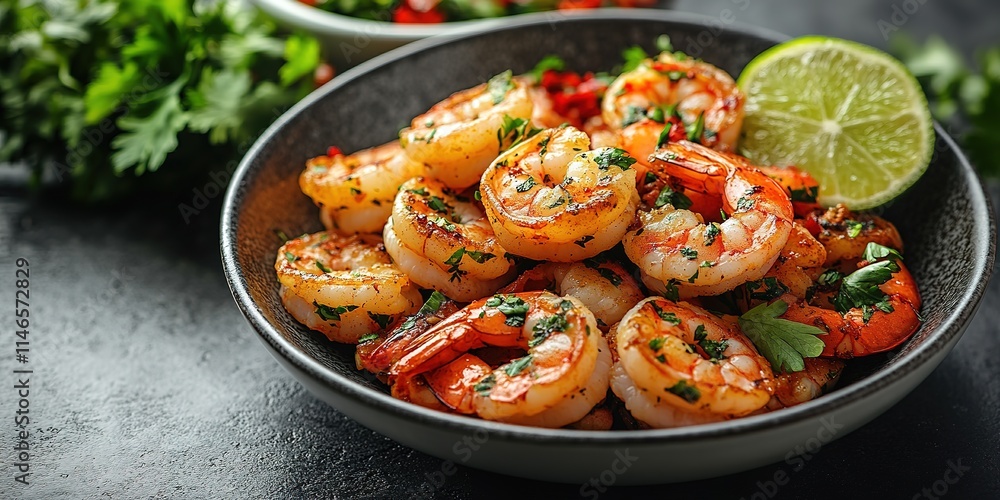 Grilled shrimps or prawns served with lime, garlic and white sauce on a dark concrete background. Seafood. Top view with copy space. Flat lay Grilled shrimps or prawns served with lime, garlic and white sauce on a dark concrete background. Seafood. Top view with copy space. Flat lay