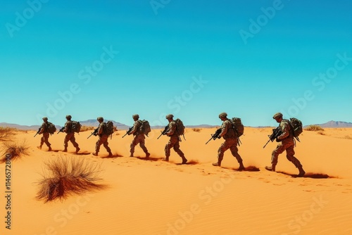 Group of Soldiers Marching Through Desert Landscape Under Clear Blue Sky, Representing Military Training and Teamwork in Arid Conditions photo