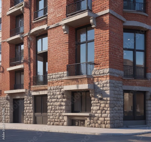 Residential building with brick and stone fa?ade, natural, brick wall photo