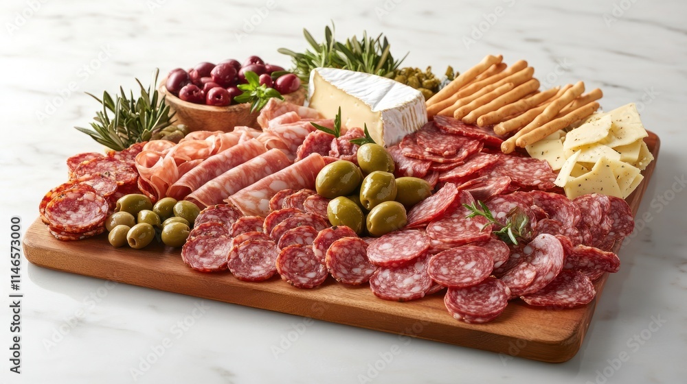 An Italian charcuterie board featuring cured meats, cheeses, olives, and breadsticks, beautifully arranged for sharing An Italian charcuterie board featuring cured meats, cheeses, olives, and breadsticks, beautifully arranged for sharing
