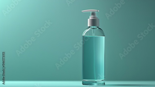 bottle of facial cleanser, light teal backdrop, and copy space, Generative Ai. photo