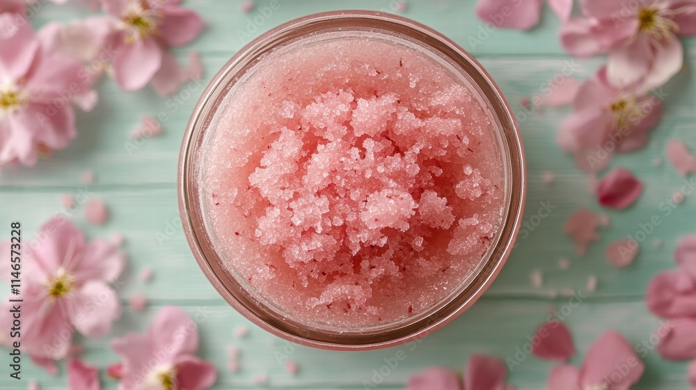 pink sugar scrub in glass jar with cherry blossoms pink sugar scrub in glass jar with cherry blossoms