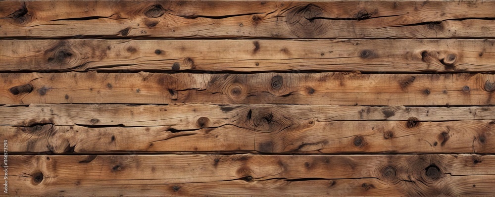 Naklejka premium Rough-hewn wooden plank with prominent knots and uneven surfaces, distressed wood, wood grain pattern
