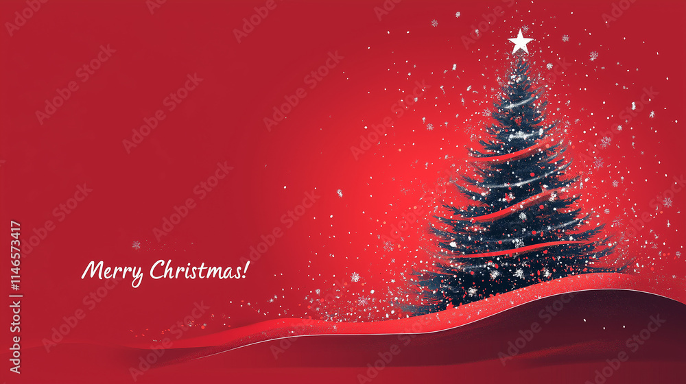 A minimalist Christmas tree outlined in silver on a bold red background. Text: A minimalist Christmas tree outlined in silver on a bold red background. Text: