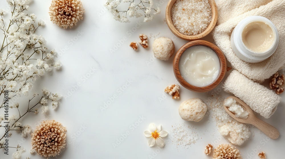 A serene flat lay of skincare products, natural elements, and soft textures for self-care. A serene flat lay of skincare products, natural elements, and soft textures for self-care.