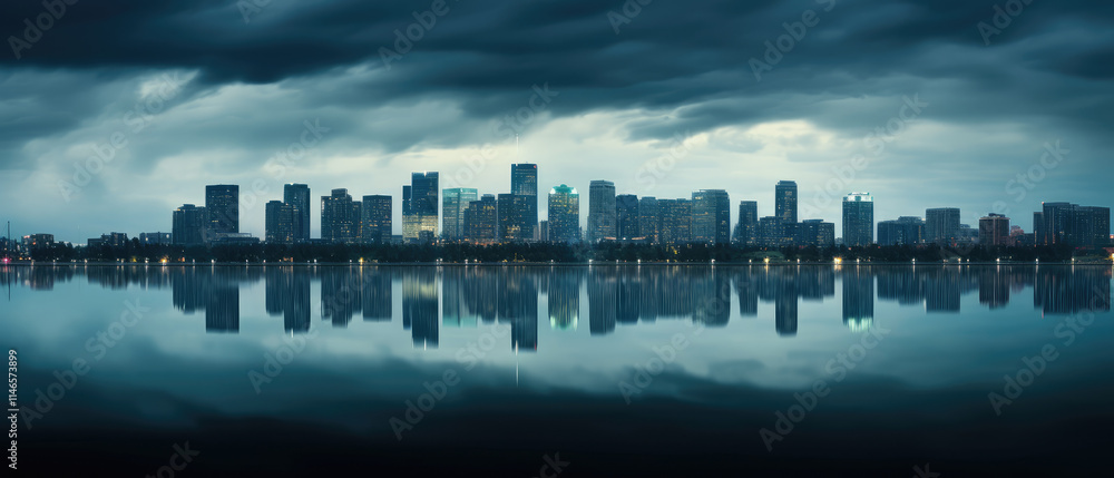 Obraz premium Serene Cityscape Reflection Under Stormy Skies