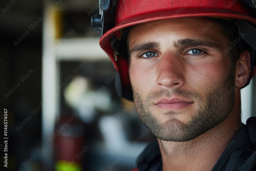 A focused young firefighter poses in full gear, ready for action, showcasing bravery and determination, against an industrial backdrop that emphasizes responsibility. A focused young firefighter poses in full gear, ready for action, showcasing bravery and determination, against an industrial backdrop that emphasizes responsibility.