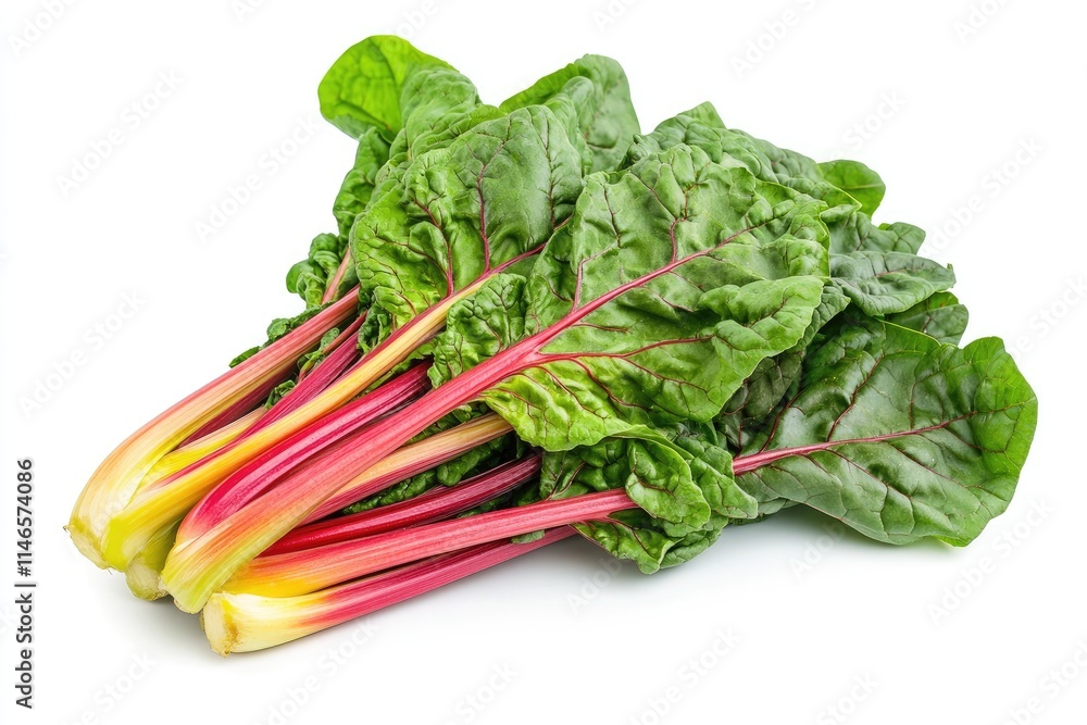 A bundle of rainbow chard with colorful stems and vibrant green leaves, isolated on a white background A bundle of rainbow chard with colorful stems and vibrant green leaves, isolated on a white background