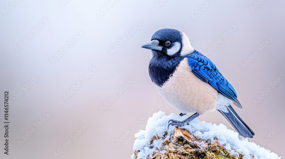 Obraz premium Azure-winged magpie perched on snow-covered branch.