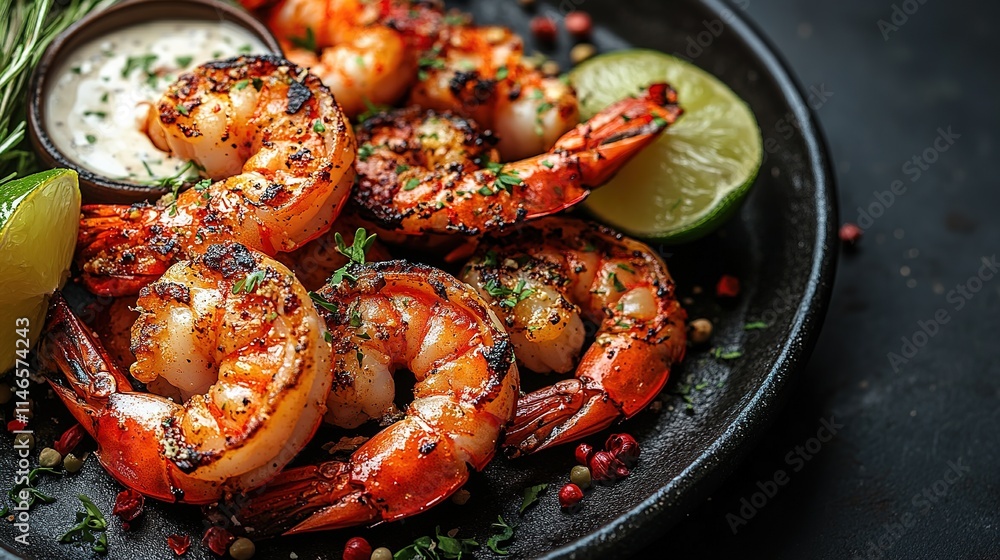 Grilled shrimps or prawns served with lime, garlic and white sauce on a dark concrete background. Seafood. Top view with copy space. Flat lay Grilled shrimps or prawns served with lime, garlic and white sauce on a dark concrete background. Seafood. Top view with copy space. Flat lay