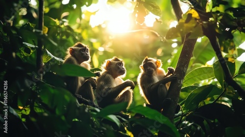 Three monkeys perched on a tree amidst lush greenery, illuminated by sunlight.