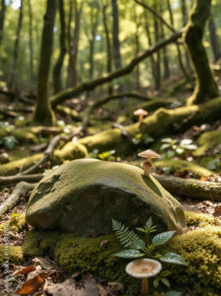 A moss-covered stone podium in a serene, damp forest—perfect for showcasing natural and organic products A moss-covered stone podium in a serene, damp forest—perfect for showcasing natural and organic products