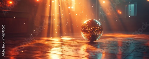 Golden disco ball on a reflective floor in a dimly lit room with light rays.