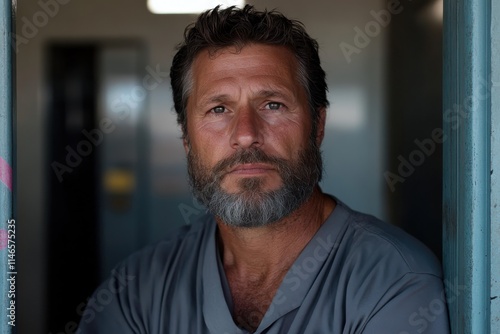 A serious-looking man with a beard exudes depth and contemplation, positioned in a dimly lit environment that adds to the character of the scene and his personality.