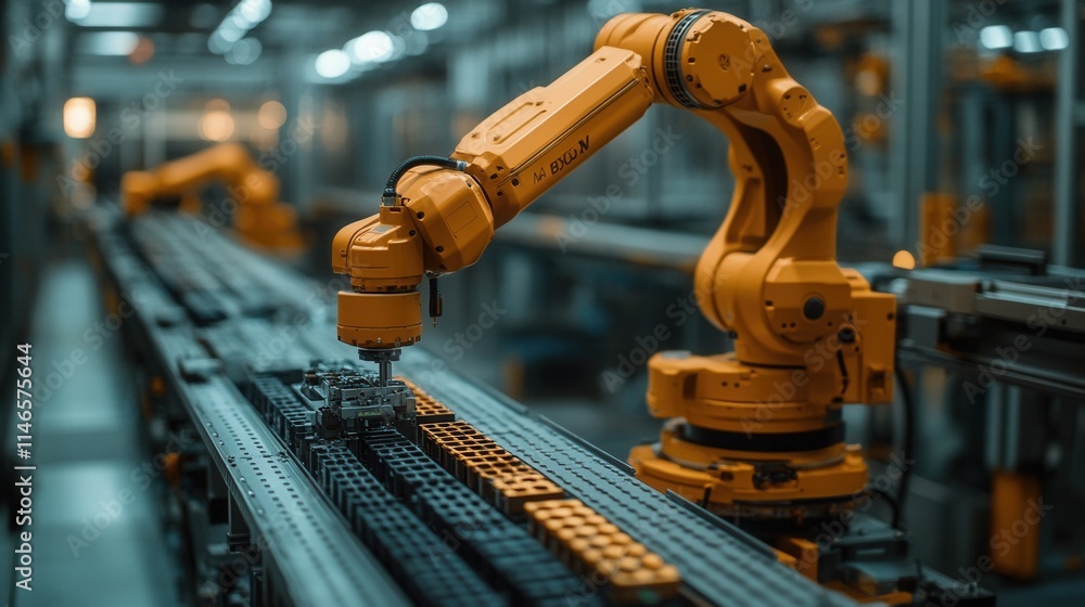 Robotic arm assembling components on a production line in an industrial setting. Robotic arm assembling components on a production line in an industrial setting.