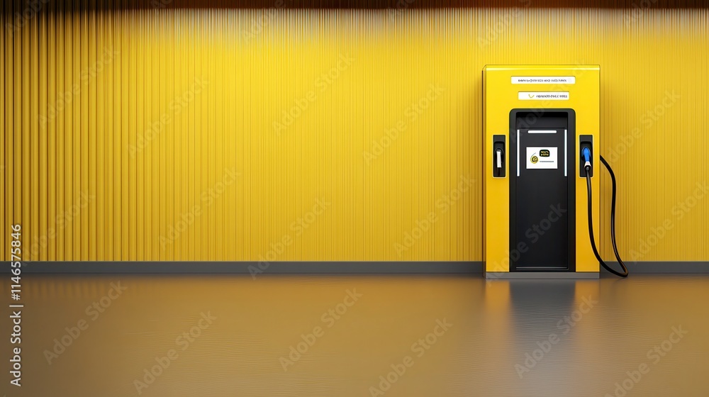 A bright yellow gas station pump stands against a yellow wall, showcasing a modern design and sleek aesthetics in a clean environment. A bright yellow gas station pump stands against a yellow wall, showcasing a modern design and sleek aesthetics in a clean environment.