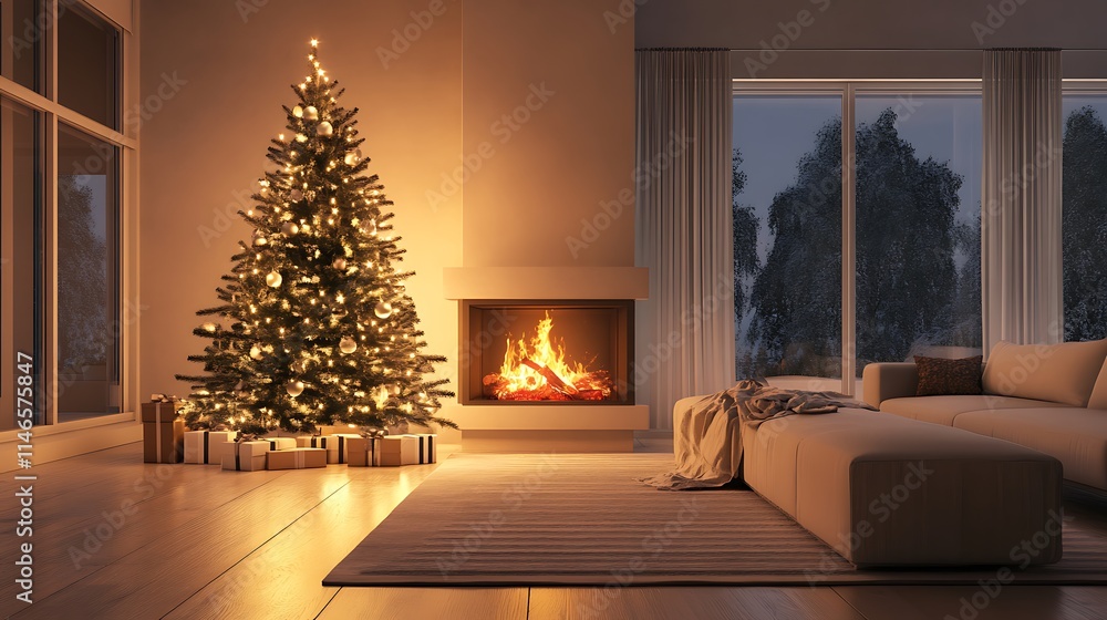 Elegant cozy holiday living room glowing fireplace festive tree isolated minimal neutral look Elegant cozy holiday living room glowing fireplace festive tree isolated minimal neutral look