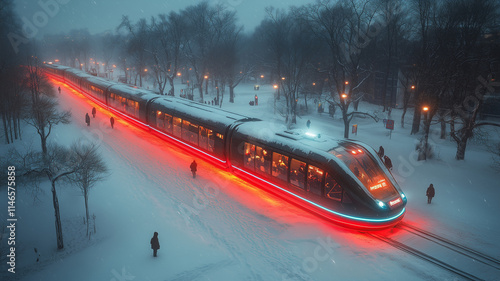 The high-speed passenger electric train of the future has beautiful LED lights showing around the train.