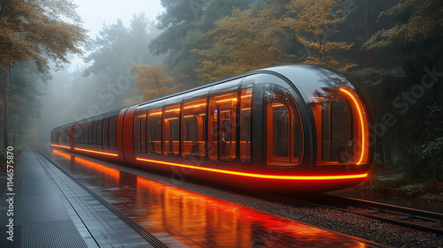 The high-speed passenger electric train of the future has beautiful LED lights showing around the train.