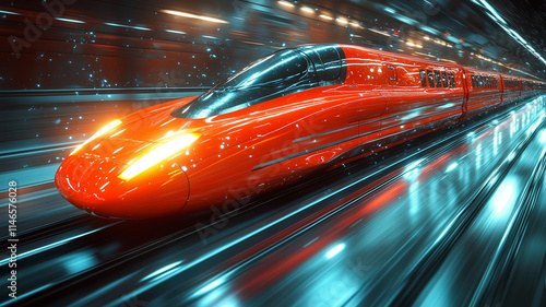 The high-speed passenger electric train of the future has beautiful LED lights showing around the train.