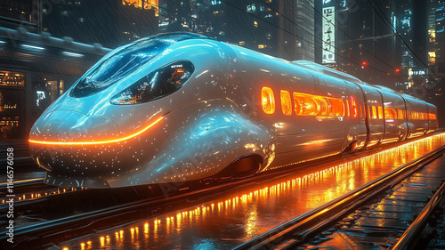 The high-speed passenger electric train of the future has beautiful LED lights showing around the train.