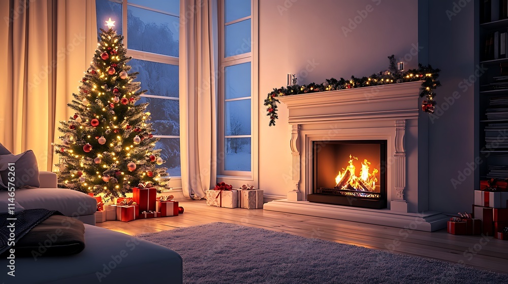 Minimal holiday cozy living room glowing fireplace Christmas tree isolated elegant setup Minimal holiday cozy living room glowing fireplace Christmas tree isolated elegant setup