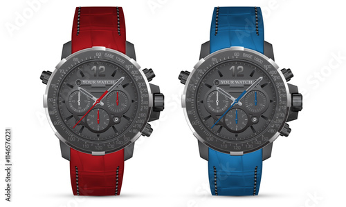 Realistic watch clock black face white number with red blue leather strap on isolated design classic luxury vector