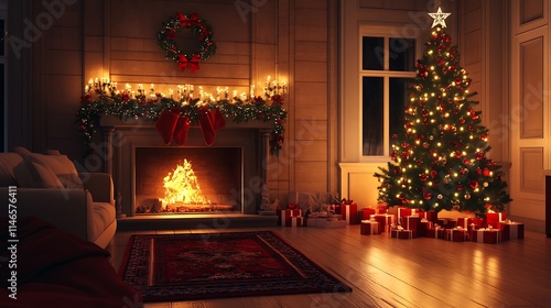 Minimal holiday cozy living room glowing fireplace Christmas tree isolated elegant setup photo