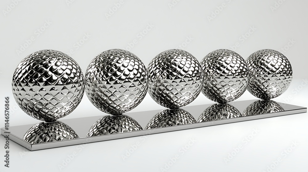 Five Shiny Metal Balls on Polished Tray Abstract Design D Render Five Shiny Metal Balls on Polished Tray Abstract Design D Render