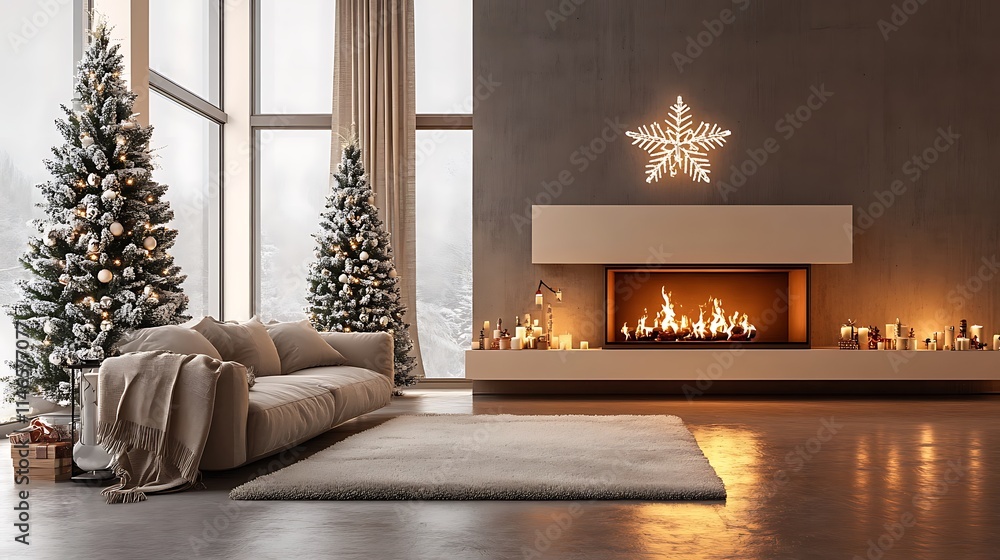 Fototapeta premium Elegant cozy living room glowing fireplace Christmas tree festive neutral minimal setup