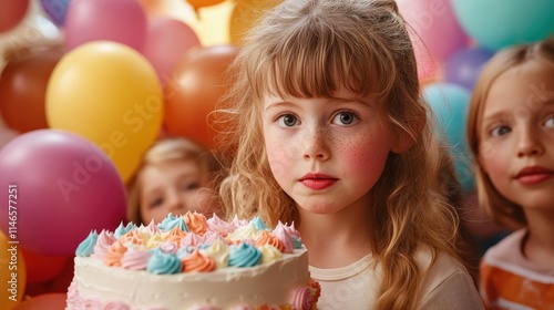 Capture the joy of childhood with this heartwarming image of kids forming a circle around a milestone cake Surrounded by an array of colorful balloons, this scene embodies celebration and the