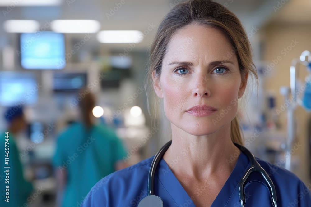 A serious and focused female doctor in scrubs stands confidently in a medical environment, symbolizing dedication and professionalism while caring for patients and their well-being. A serious and focused female doctor in scrubs stands confidently in a medical environment, symbolizing dedication and professionalism while caring for patients and their well-being.