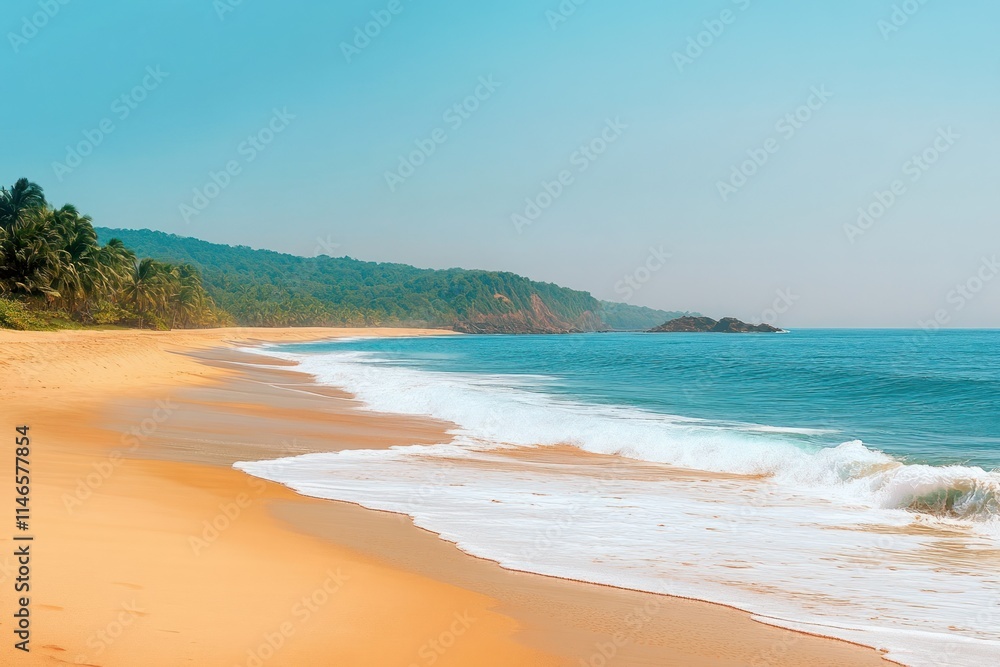 Serene Beach Landscape with Soft Waves and Clear Blue Sky, Emphasizing Tranquility and Natural Beauty in a Tropical Environment Serene Beach Landscape with Soft Waves and Clear Blue Sky, Emphasizing Tranquility and Natural Beauty in a Tropical Environment