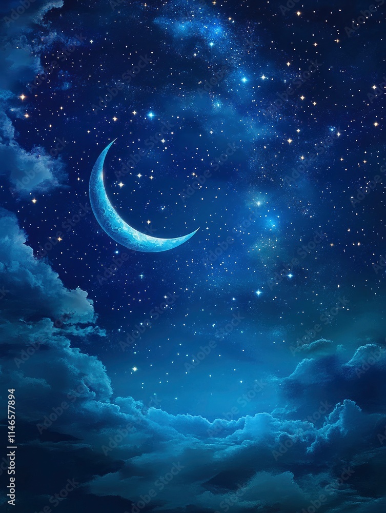 Background night sky of with crescent moon,and stars .Background Greeting card for the holy month of Ramadan of islam