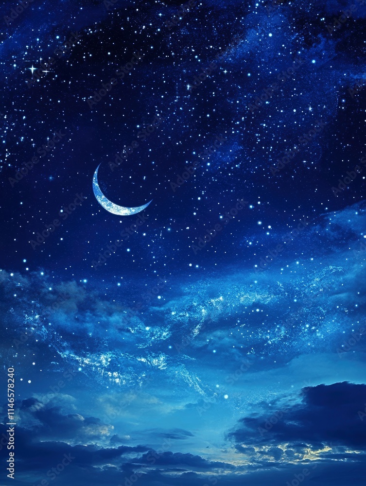 Background night sky of with crescent moon,and stars .Background Greeting card for the holy month of Ramadan of islam Background night sky of with crescent moon,and stars .Background Greeting card for the holy month of Ramadan of islam