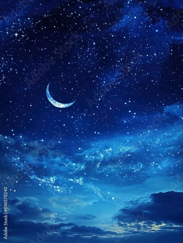 Background night sky of with crescent moon,and stars .Background Greeting card for the holy month of Ramadan of islam