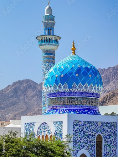 Blue dome and minaret of the Masjid Al Rasool Al A'dham Mosque at Muscat, Oman photo