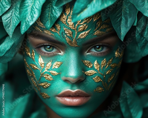 Discover captivating face painting art featuring nature-inspired patterns, blending green leaves and earthy tones to create a forest theme Explore environmental awareness through stunning visuals photo