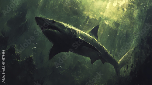 shark gliding silently through murky waters, surrounded by faint sunlight
